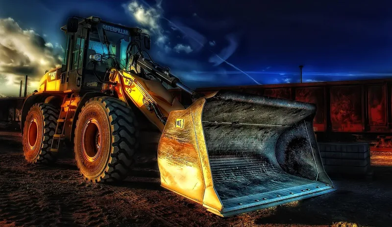 Backhoe loader with a wide front bucket at a worksite