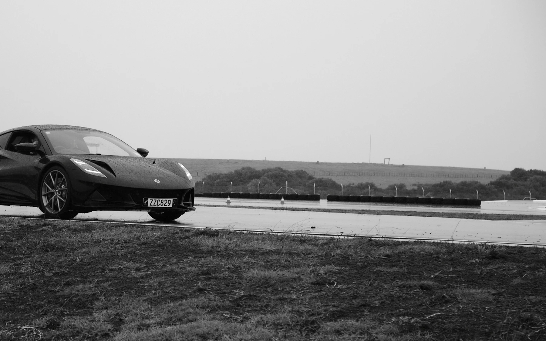 Sports car on a wet New Zealand test track